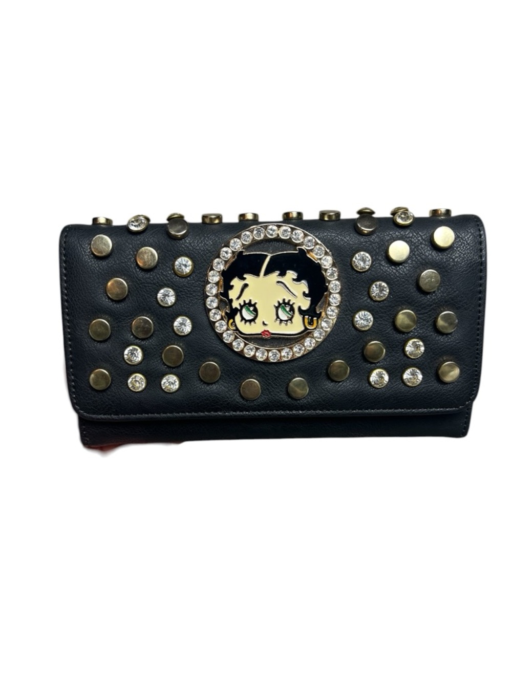 Betty Boop Rhinstone Studded Black Leather Wallet Tri-Fold Brand Y2K